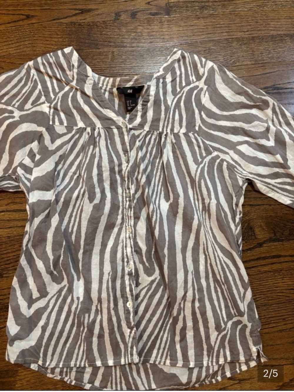 H&M Taupe and White Zebra-Print Button Front Blouse